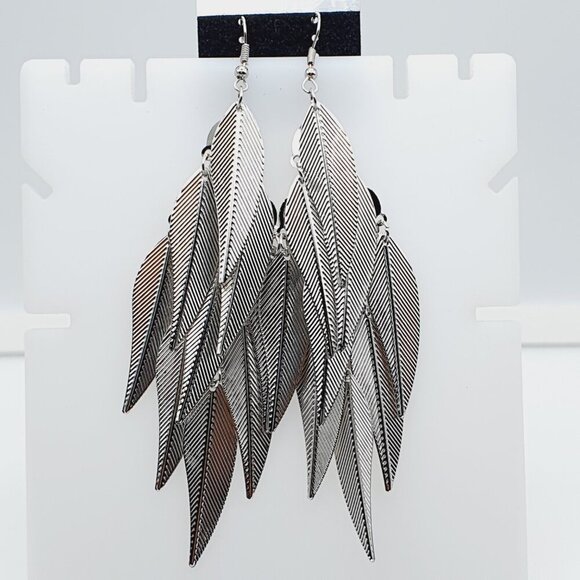 Silver Layered Feather Dangle Earrings, AZFA1164 - Picture 1 of 11